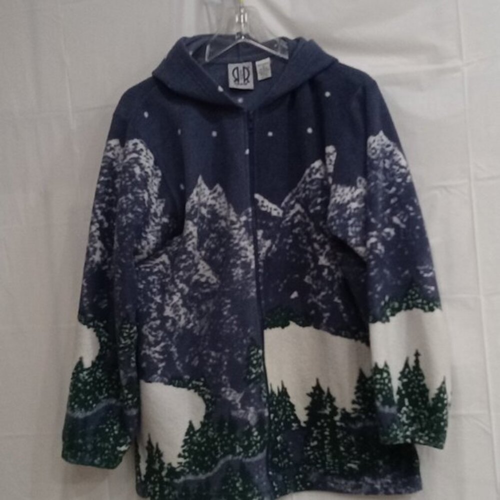 R&R Blue & White with Mounting View Women's Zip  Sweater Size 12 - Medium